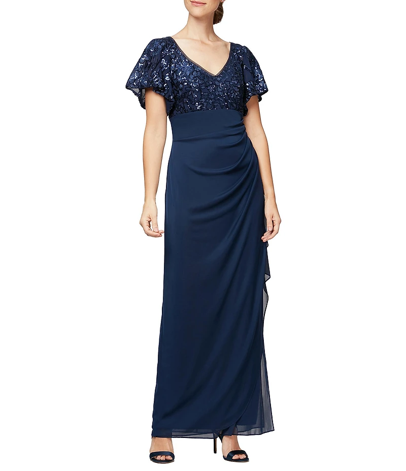 Alex Evenings Sequin Detail Short Sleeve V Neck Empire Waist Long Dress