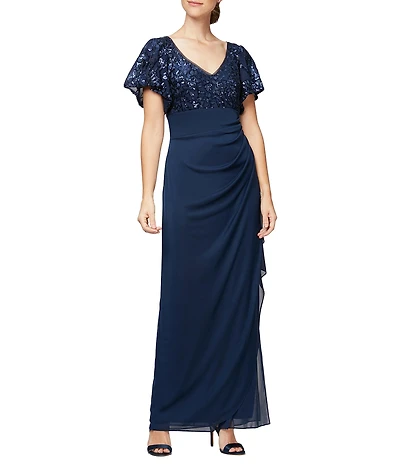 Alex Evenings Sequin Detail Short Sleeve V Neck Empire Waist Long Dress