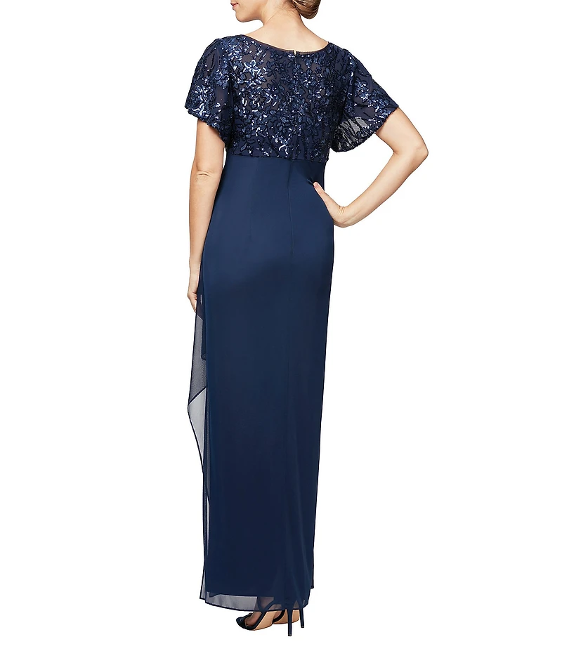 Alex Evenings Sequin Detail Short Sleeve V Neck Empire Waist Long Dress