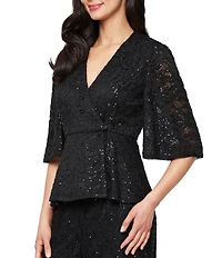Alex Evenings Sequin Lace A-Line 3/4 Sleeve Blouse