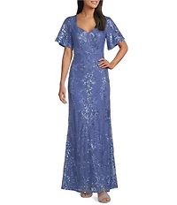 Alex Evenings Sequin Power Mesh Square Sweetheart Neck Long Gown