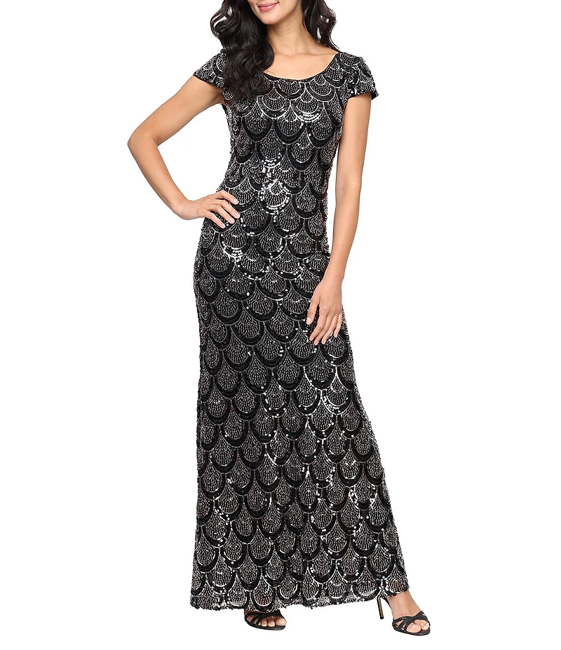 Alex Evenings Sequin Scoop Neck Cap Sleeve Gown