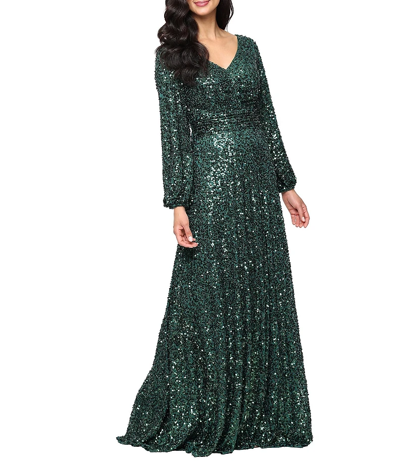 Alex Evenings Sequin V-Neck Bubble Hem Long Sleeve A-Line Gown