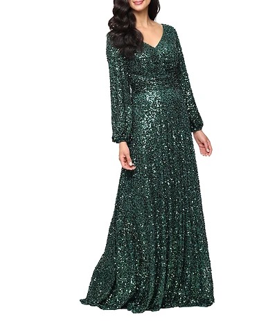 Alex Evenings Sequin V-Neck Bubble Hem Long Sleeve A-Line Gown