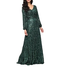 Alex Evenings Sequin V-Neck Bubble Hem Long Sleeve A-Line Gown