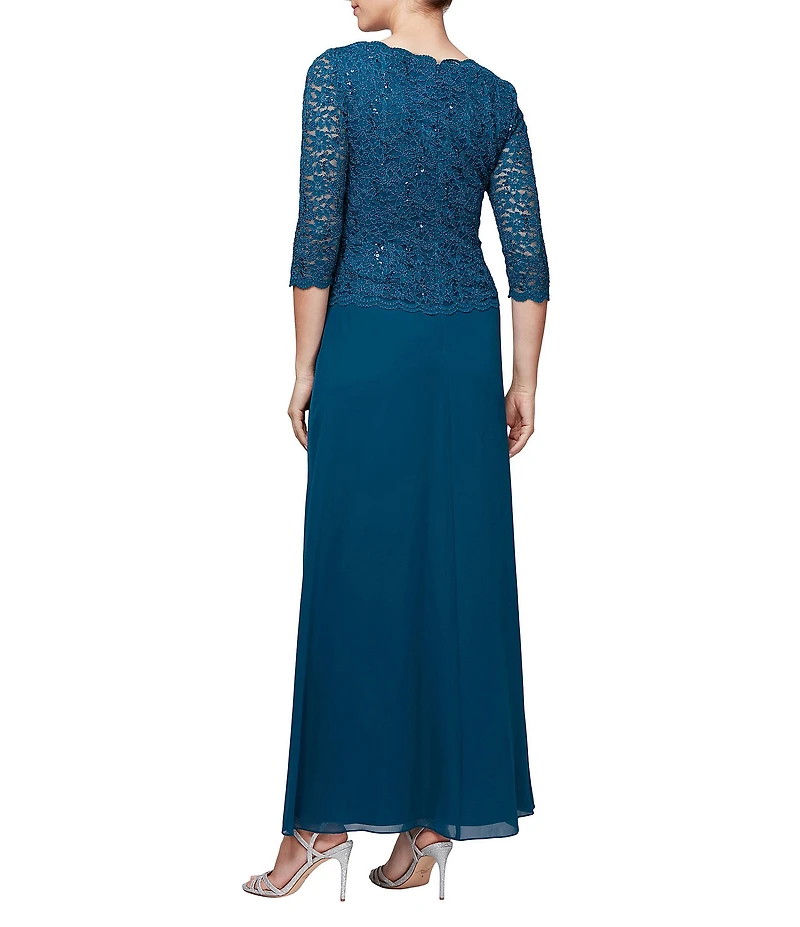 Alex Evenings 3/4 Sleeve Sequined Lace Crew Neck Scalloped Bodice Chiffon Skirted Gown