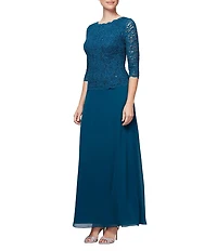 Alex Evenings 3/4 Sleeve Sequined Lace Crew Neck Scalloped Bodice Chiffon Skirted Gown