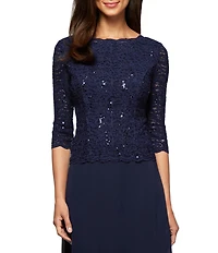 Alex Evenings 3/4 Sleeve Sequined Lace Crew Neck Scalloped Bodice Chiffon Skirted Gown