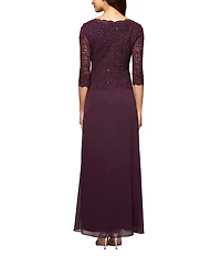 Alex Evenings 3/4 Sleeve Sequined Lace Crew Neck Scalloped Bodice Chiffon Skirted Gown