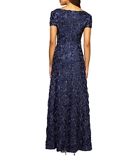 Alex Evenings Sequin Floral Lace Ribbon Rosette Round Neck Short Sleeve Gown
