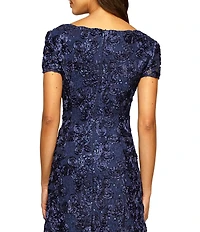 Alex Evenings Sequin Floral Lace Ribbon Rosette Round Neck Short Sleeve Gown