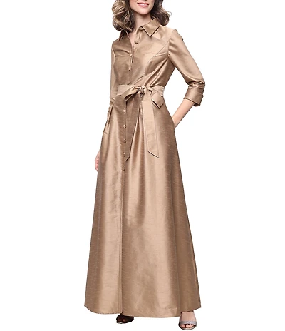 Alex Evenings Shantung Collared Neck A-Line Long Dress
