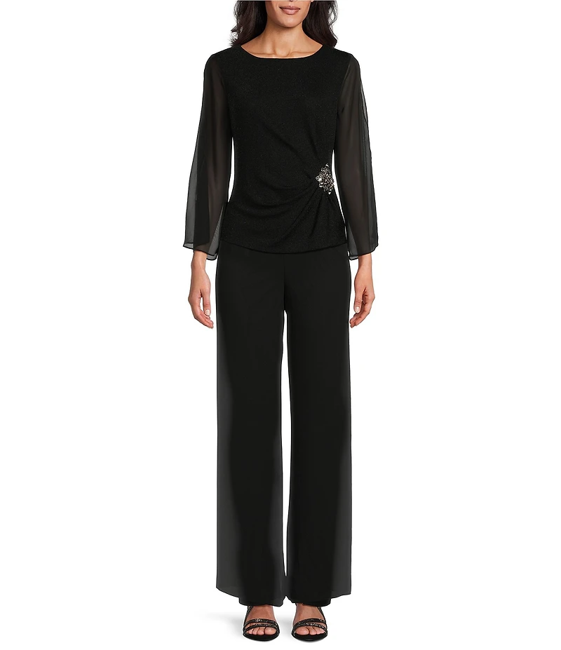 Alex Evenings Sheer 3/4 cold Shoulder Sleeve Crew Neck Metallic Knit Beaded Detail Blouse