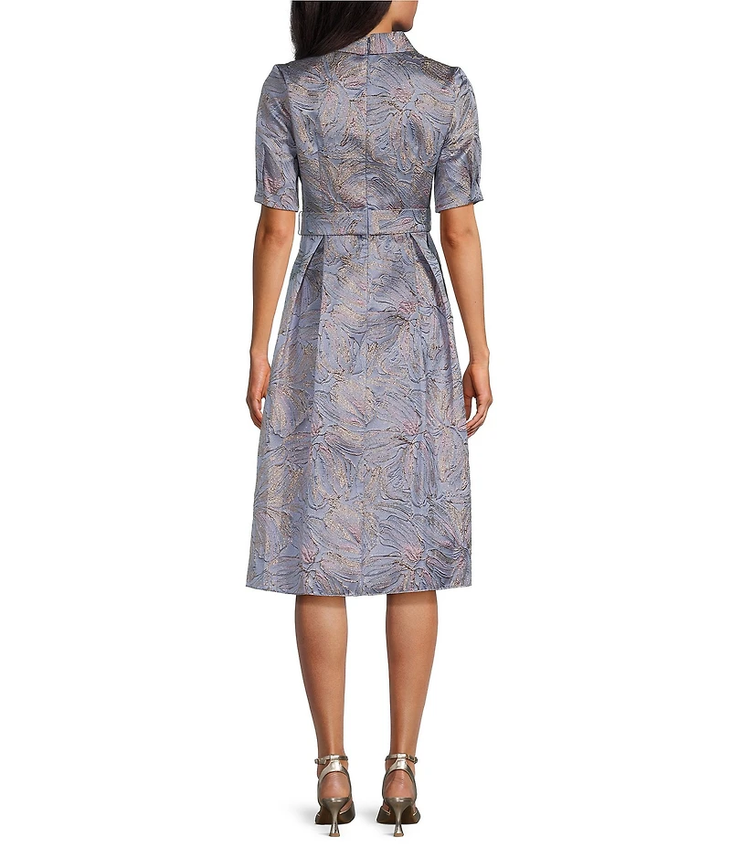 Alex Evenings Short Bubble Hem Sleeve Tie Waist Printed Jacquard Dress