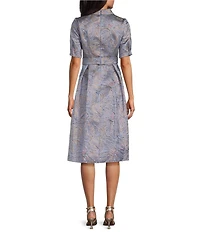 Alex Evenings Short Bubble Hem Sleeve Tie Waist Printed Jacquard Dress