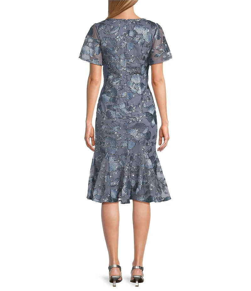 Alex Evenings Short Flutter Sleeve Embroidered Tulle Fit And Flare Midi Dress