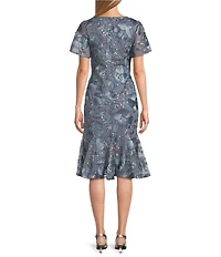 Alex Evenings Short Flutter Sleeve Embroidered Tulle Fit And Flare Midi Dress