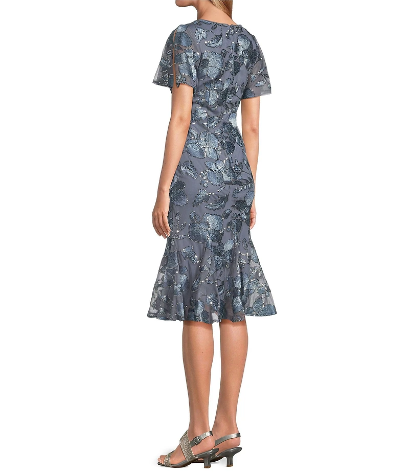 Alex Evenings Short Flutter Sleeve Embroidered Tulle Fit And Flare Midi Dress