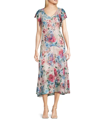 Alex Evenings Short Flutter Sleeve V-Neck Floral Drop Waist Midi Dress