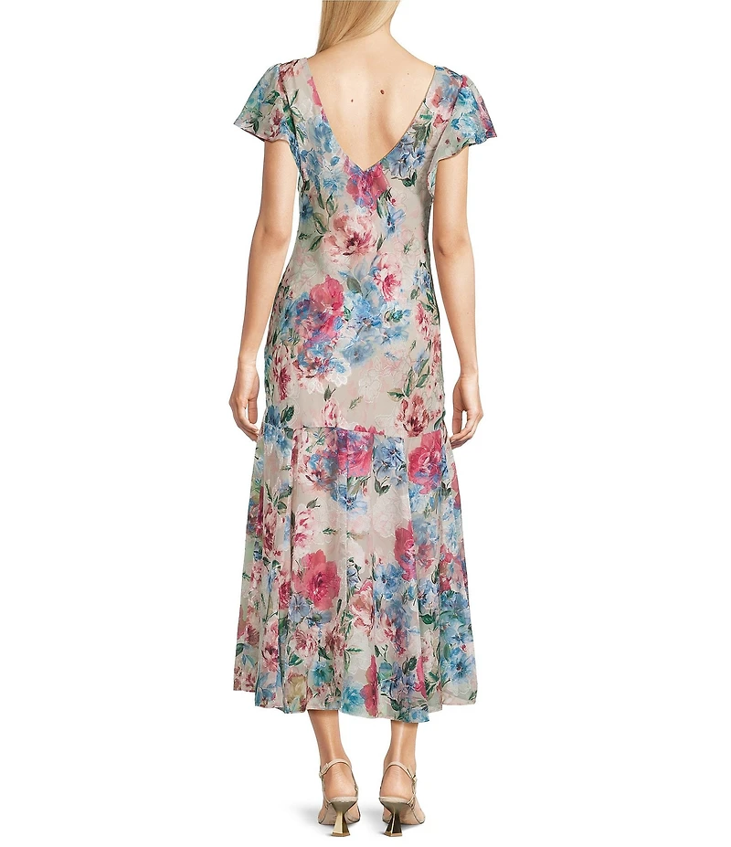 Alex Evenings Short Flutter Sleeve V-Neck Floral Drop Waist Midi Dress