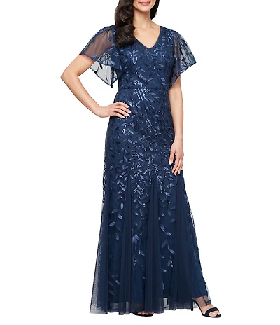 Alex Evenings Short Sleeve V-Neck Embroidered Stretch Tulle Dress