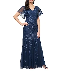 Alex Evenings Short Sleeve V-Neck Embroidered Stretch Tulle Dress