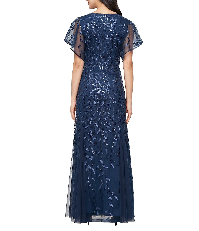 Alex Evenings Short Sleeve V-Neck Embroidered Stretch Tulle Dress
