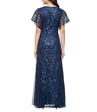 Alex Evenings Short Sleeve V-Neck Embroidered Stretch Tulle Dress