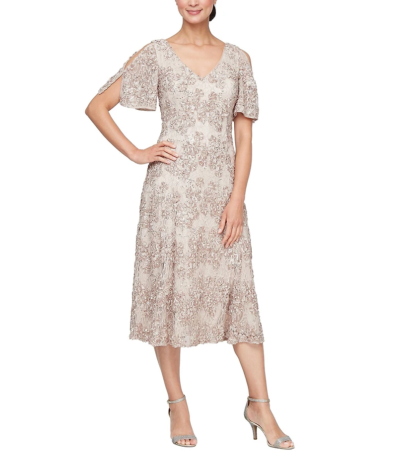 Alex Evenings Short Sleeve V-Neck Short Sleeve Lace Soutache A-Line Midi Dress