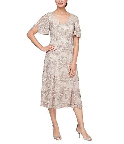 Alex Evenings Short Sleeve V-Neck Short Sleeve Lace Soutache A-Line Midi Dress