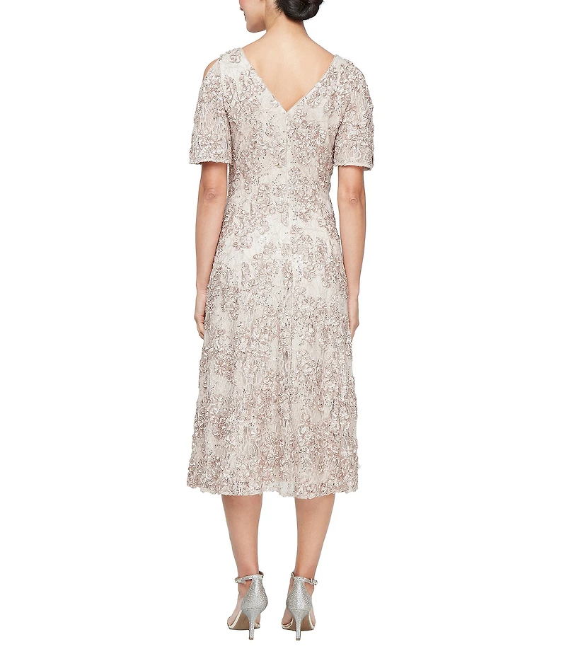 Alex Evenings Short Sleeve V-Neck Short Sleeve Lace Soutache A-Line Midi Dress