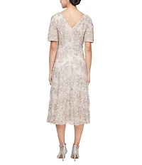 Alex Evenings Short Sleeve V-Neck Short Sleeve Lace Soutache A-Line Midi Dress