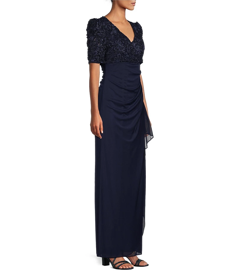 Alex Evenings Short Sleeve V-Neck Soutache Bodice Cascade Ruddle Dress