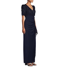 Alex Evenings Short Sleeve V-Neck Soutache Bodice Cascade Ruddle Dress