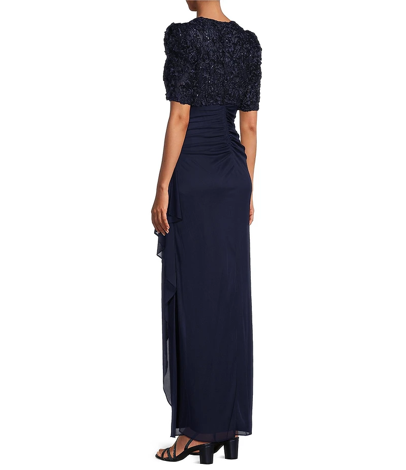 Alex Evenings Short Sleeve V-Neck Soutache Bodice Cascade Ruddle Dress