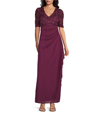 Alex Evenings Short Sleeve V-Neck Soutache Bodice Cascade Ruddle Dress