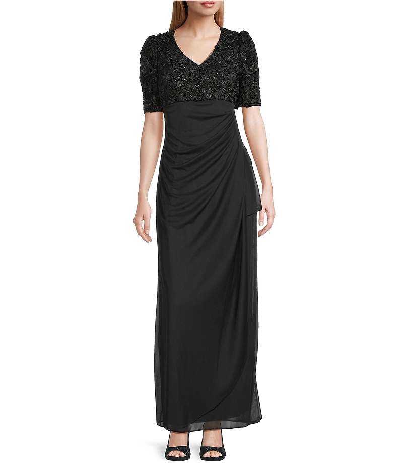 Alex Evenings Short Sleeve V-Neck Soutache Bodice Cascade Ruddle Dress