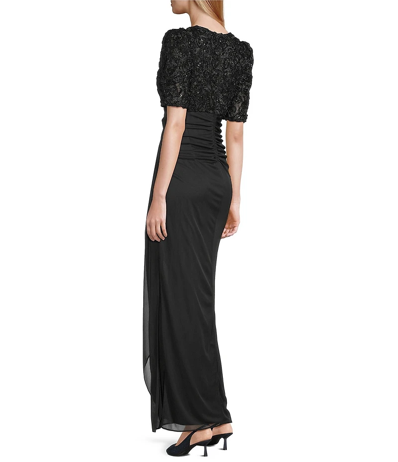 Alex Evenings Short Sleeve V-Neck Soutache Bodice Cascade Ruddle Dress