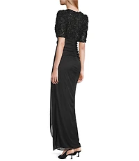 Alex Evenings Short Sleeve V-Neck Soutache Bodice Cascade Ruddle Dress