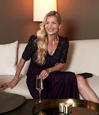 Alex Evenings Short Sleeve V-Neck Soutache Bodice Cascade Ruddle Dress