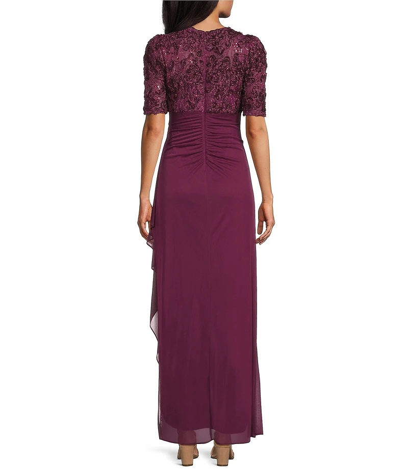 Alex Evenings Short Sleeve V-Neck Soutache Bodice Cascade Ruddle Dress