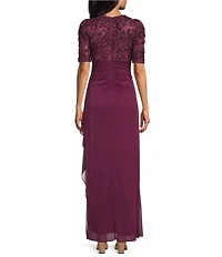 Alex Evenings Short Sleeve V-Neck Soutache Bodice Cascade Ruddle Dress
