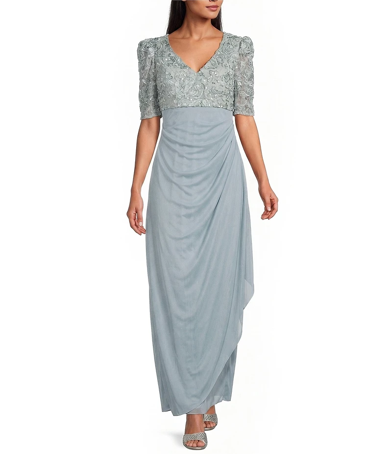 Alex Evenings Short Sleeve V-Neck Soutache Bodice Cascade Ruddle Dress