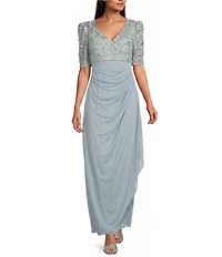 Alex Evenings Short Sleeve V-Neck Soutache Bodice Cascade Ruddle Dress