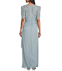 Alex Evenings Short Sleeve V-Neck Soutache Bodice Cascade Ruddle Dress