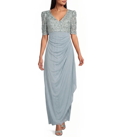 Alex Evenings Short Sleeve V-Neck Soutache Bodice Cascade Ruddle Dress