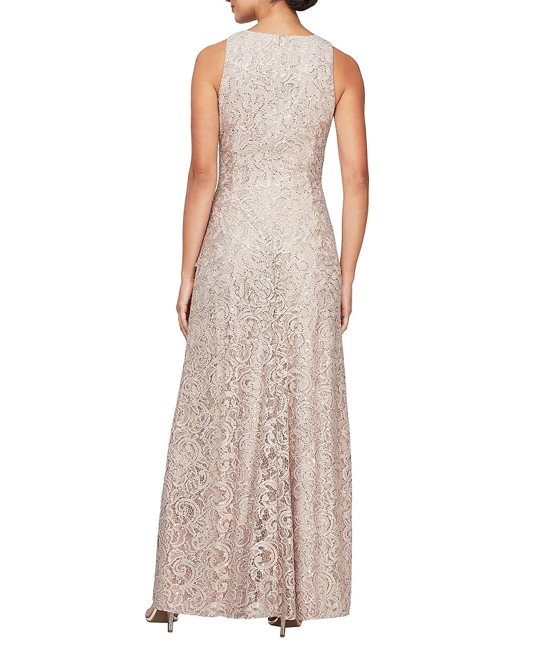 Alex Evenings Crew Neck Sleeveless Cascade Ruffle Thigh High Slit Sequin Lace Stretch Gown