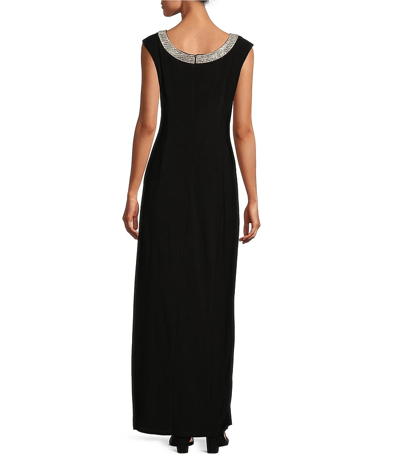 Alex Evenings Sleeveless Embellished Crew Neck Front Slit Gown