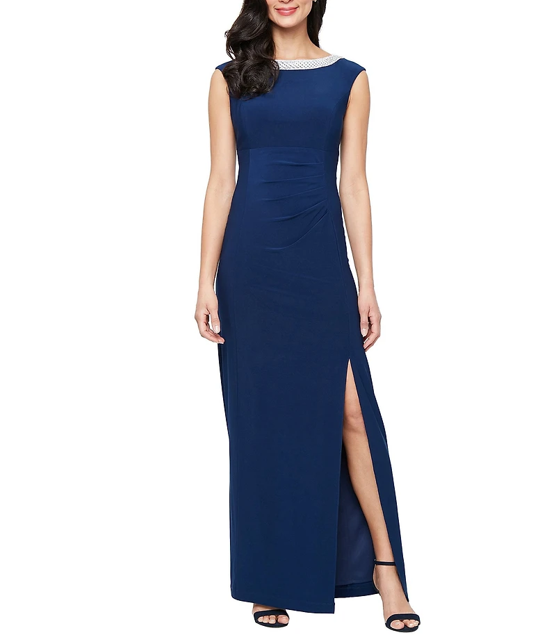 Alex Evenings Sleeveless Embellished Crew Neck Front Slit Gown