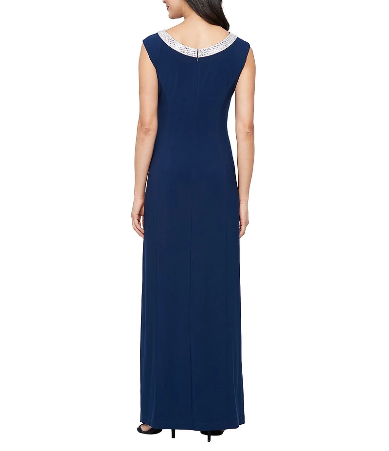 Alex Evenings Sleeveless Embellished Crew Neck Front Slit Gown
